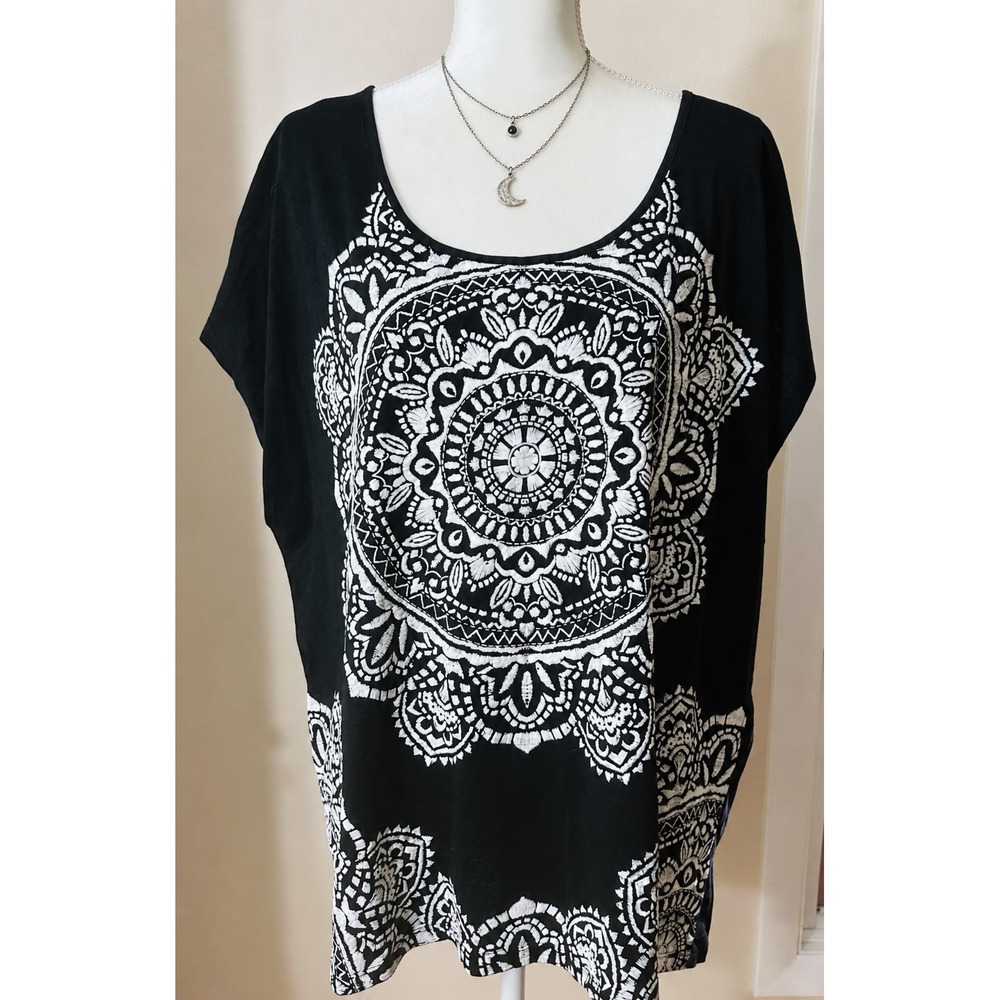 Style & Co Top 100% Cotton 2X Black White NWT Boho Mandala Graphic Zippered